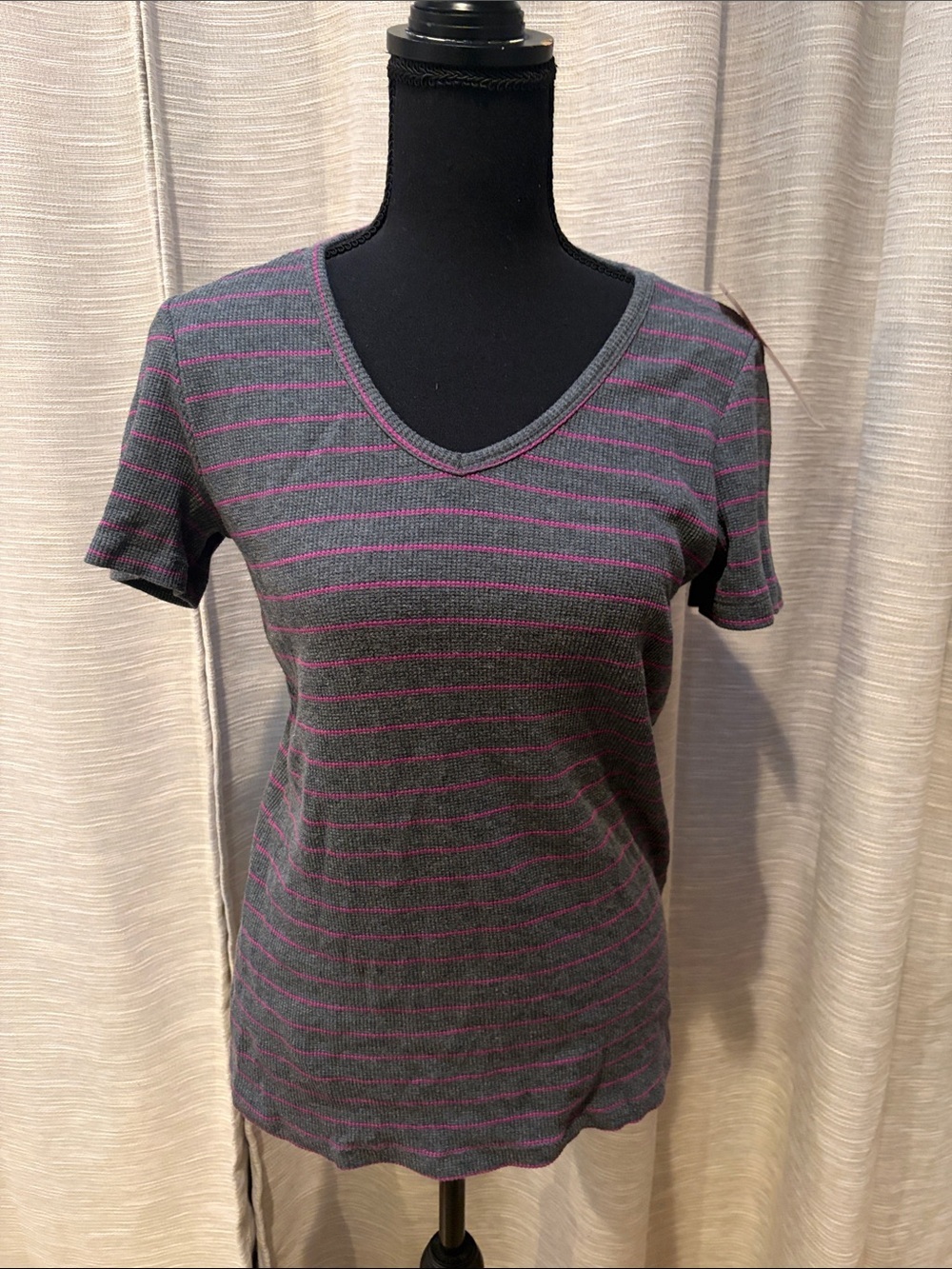 Eddie Bauer Women’s Gray V-Neck Short Sleeve Tee with Pink Stripes